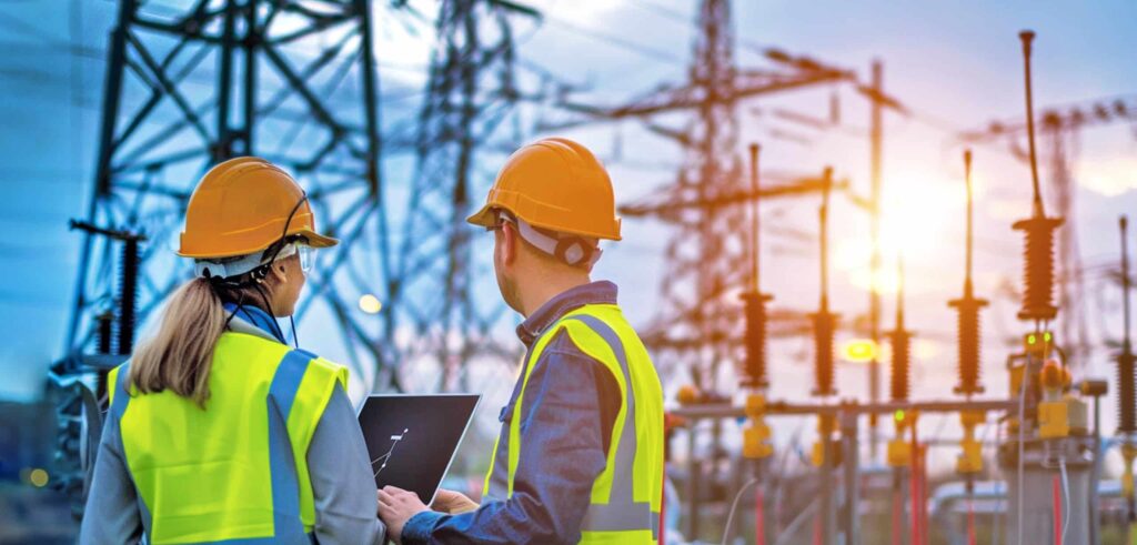 Frau und Mann mit Warnweste und Helm stehen mit einem Laptop vor einer Schaltanlage und Strommasten.