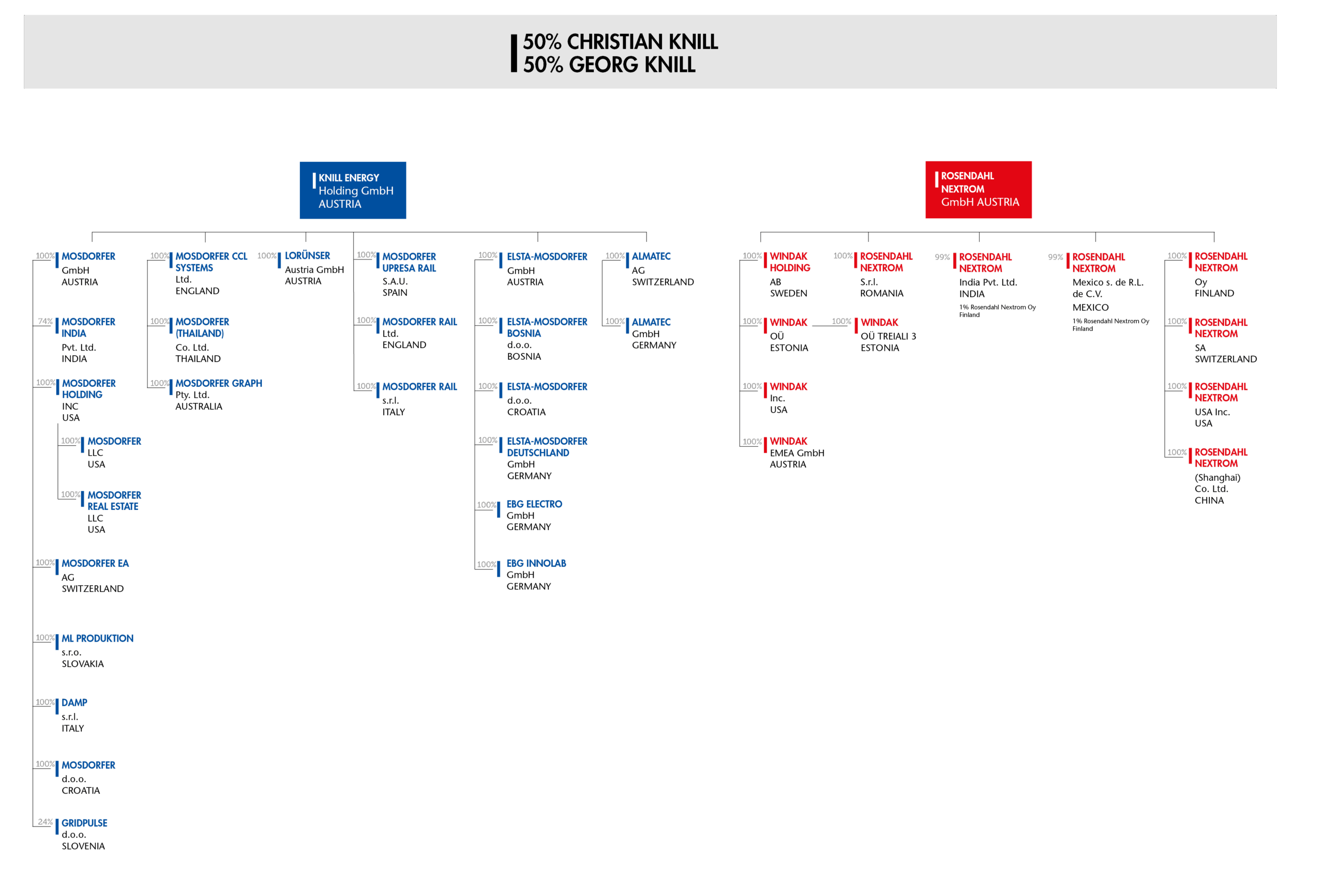 Organigramm der Knill Gruppe mit 50 % Christian Knill und 50 % Georg Knill sowie der Holding und den weltweiten Tochtergesellschaften.